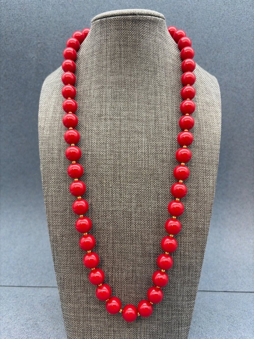 Vintage Red Beaded Necklace 24 In Gold Classic Statement Retro Glam Rockabilly